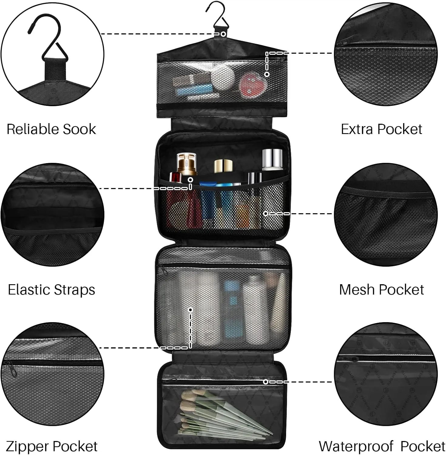 Black Personalized Hanging Travel Toiletry Bag for Women Men Custom Makeup Organizer with bottles & hanging hook Cosmetic Bag for Toiletries Traveling Outdoors Hotel Bathroom