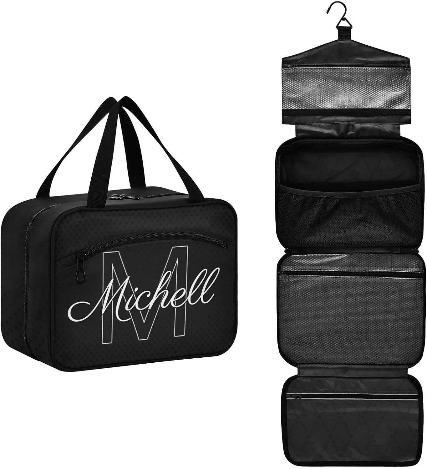 Black Personalized Hanging Travel Toiletry Bag for Women Men Custom Makeup Organizer with bottles & hanging hook Cosmetic Bag for Toiletries Traveling Outdoors Hotel Bathroom
