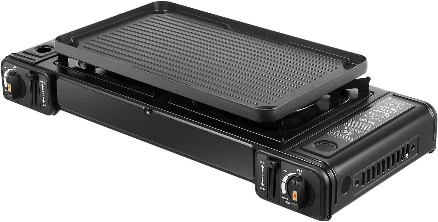Black Portable Camping Stove 2 burners butane stove with Camping Stove Stove W/Grill Tray,Lightweight Outdoor Cookstation,Hiking,Fast Ignition & Adjustable Flame
