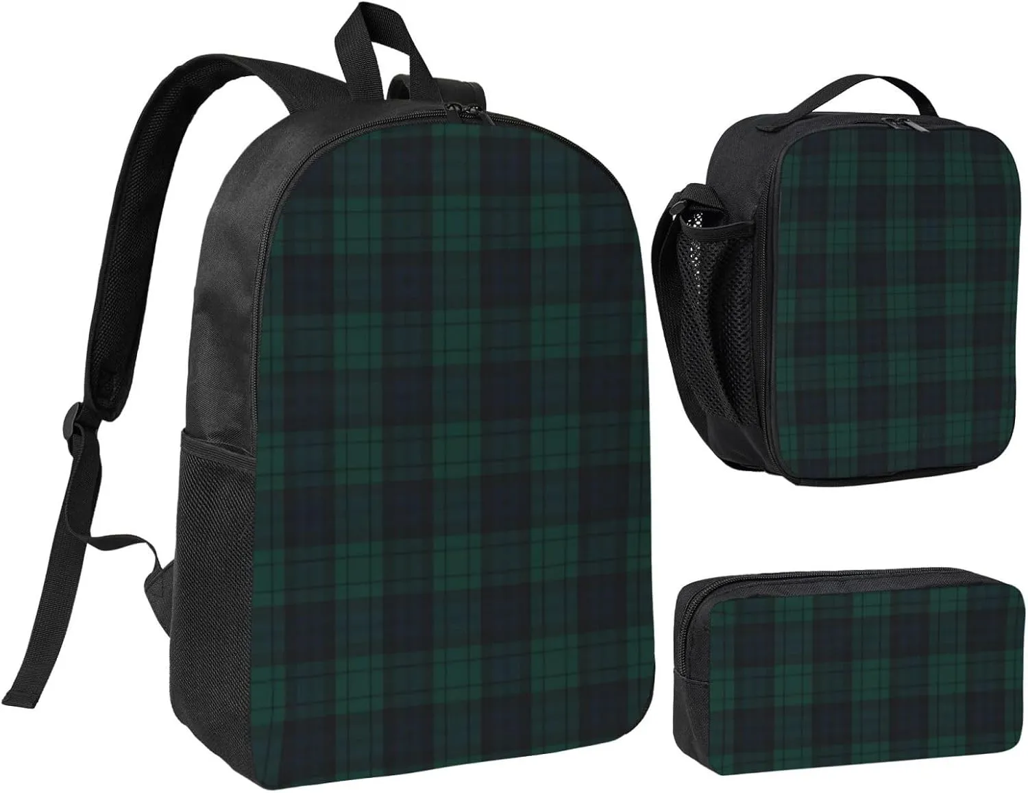Black Watch Tartan Essential 3-In-1 Backpack Kit – Compact Laptop Bag, Insulated Food Tote & Zippered Stationery Holder, Stylish & Lightweight For Daily Use