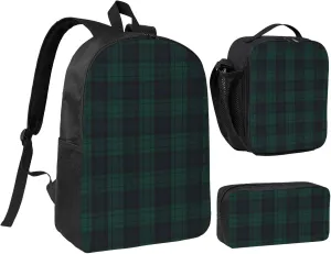 Black Watch Tartan Essential 3-In-1 Backpack Kit – Compact Laptop Bag, Insulated Food Tote & Zippered Stationery Holder, Stylish & Lightweight For Daily Use