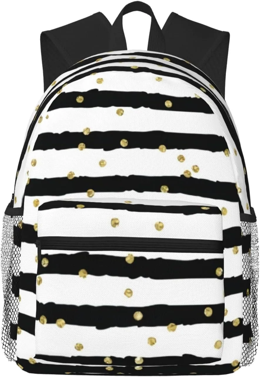 Black White Stripes Gold Confetti Lightweight Packable Backpack Travel Casual Hiking Daypack Foldable Backpack For Men Women