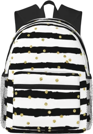Black White Stripes Gold Confetti Lightweight Packable Backpack Travel Casual Hiking Daypack Foldable Backpack For Men Women