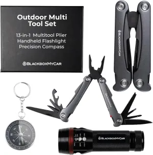 BlackboxMyCar Outdoor Multi Tool Set, w/ 13-in-1 multitool Plier including Knife, Screwdriver, Bottle Opener, etc., Durable and Powerful Handheld Flashlight, Precision Compass