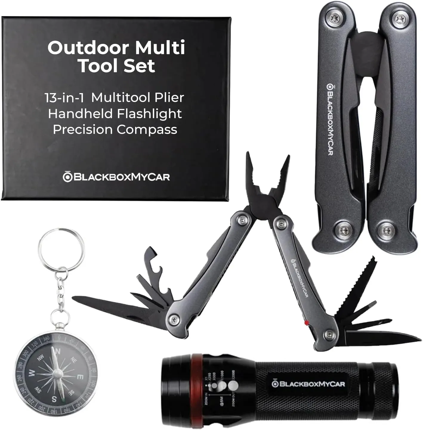 BlackboxMyCar Outdoor Multi Tool Set, w/ 13-in-1 multitool Plier including Knife, Screwdriver, Bottle Opener, etc., Durable and Powerful Handheld Flashlight, Precision Compass