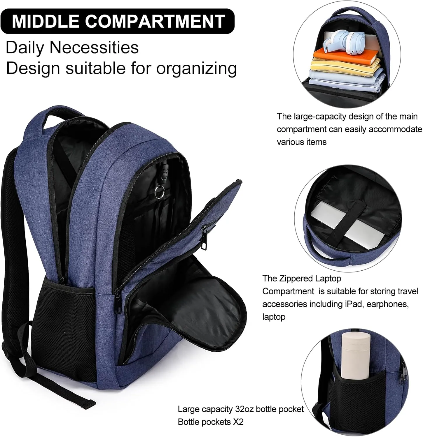 Blue Backpack for School, School BackPack for Teens, Boys and Girls, with 15.6 inch Laptop Bookbag for College High School, Large Computer Back Pack with Compartments for Men & Women