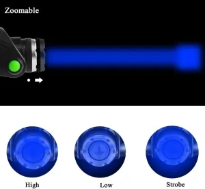 Blue Light Headlamp, 3 Mode Blue LED, Zoomable, Adjustable Focus, Fishing, Hunting, Outdoor Activities