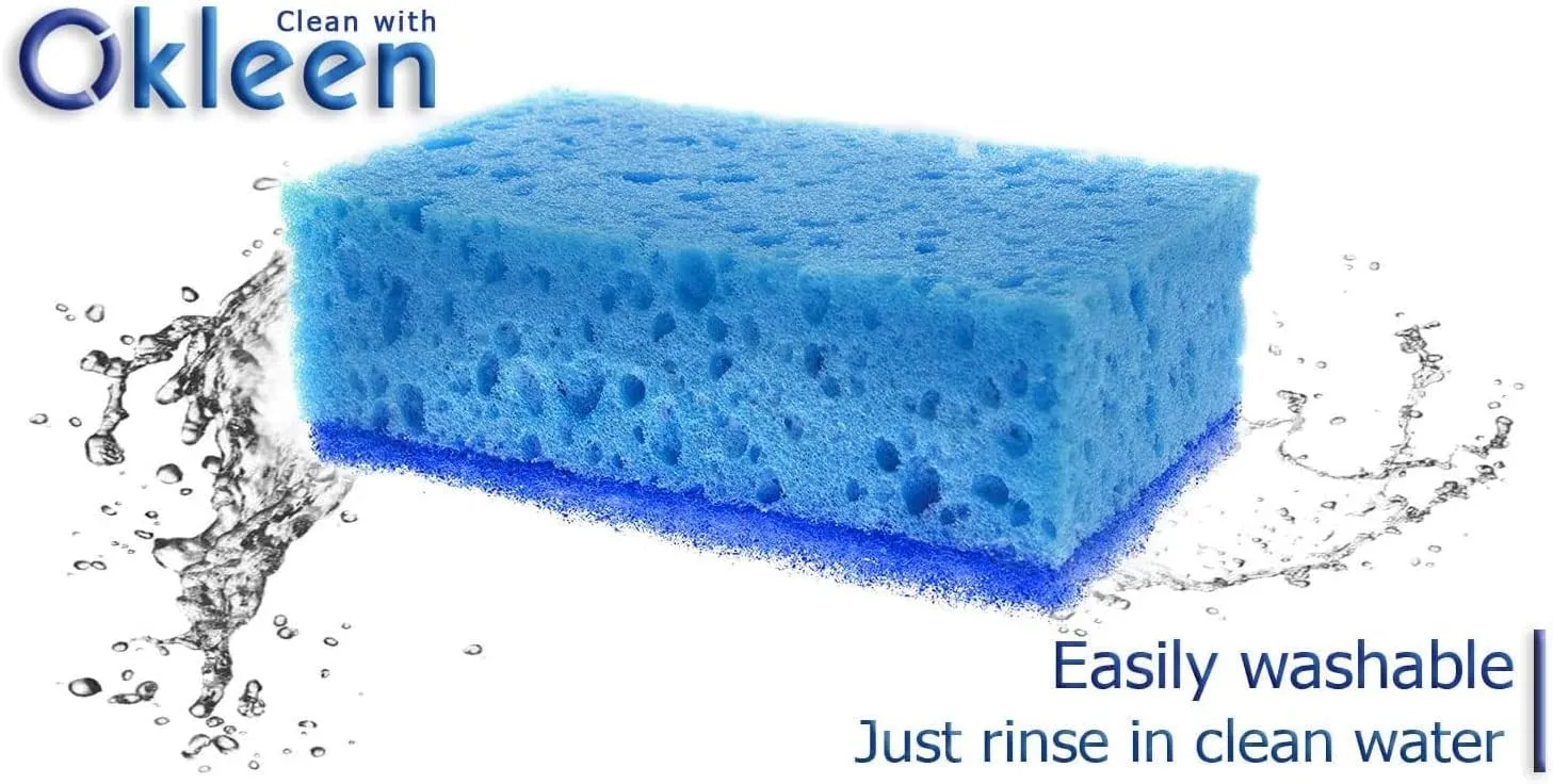 Blue Multi Use Scrub Sponge. Made in Europe. 18 Pack, 4.3x2.8x1.4 inches. Heavy Duty and Non Scratch Fiber. Odorless, Durable. Delicate Scouring Surface