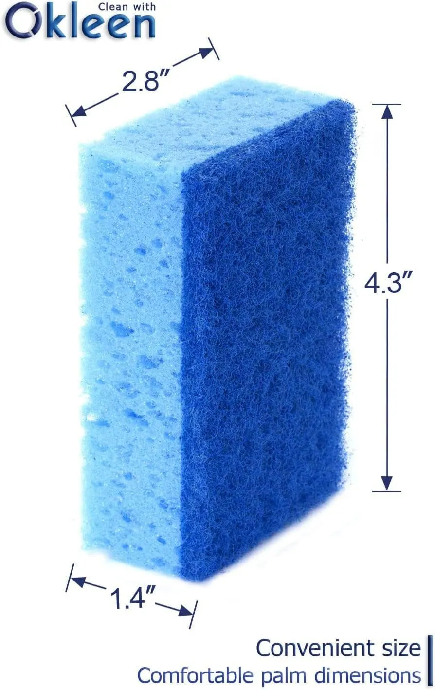 Blue Multi Use Scrub Sponge. Made in Europe. 18 Pack, 4.3x2.8x1.4 inches. Heavy Duty and Non Scratch Fiber. Odorless, Durable. Delicate Scouring Surface