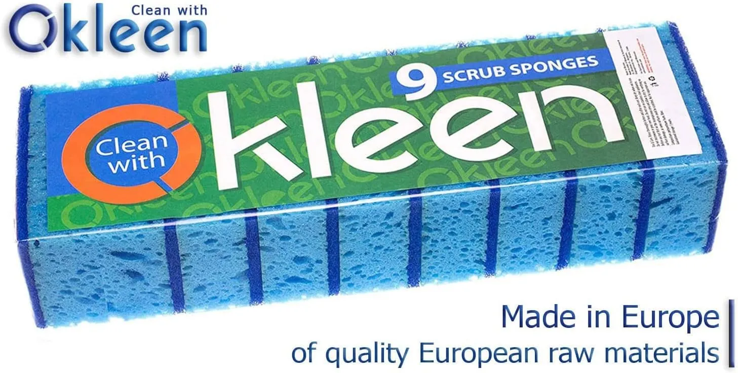 Blue Multi Use Scrub Sponge. Made in Europe. 18 Pack, 4.3x2.8x1.4 inches. Heavy Duty and Non Scratch Fiber. Odorless, Durable. Delicate Scouring Surface