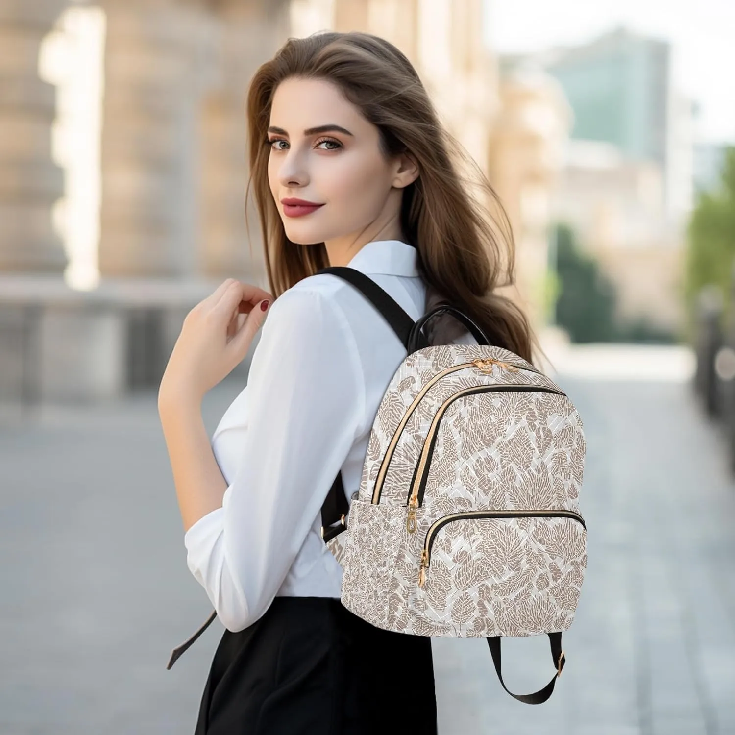 Bold Leaf Print Cream Campus Backpack Purse Bookbag Quilted Backpack for Women 13" Laptop Backpack Stylish Printed Rucksack with Multiple Pockets Lightweight Travel