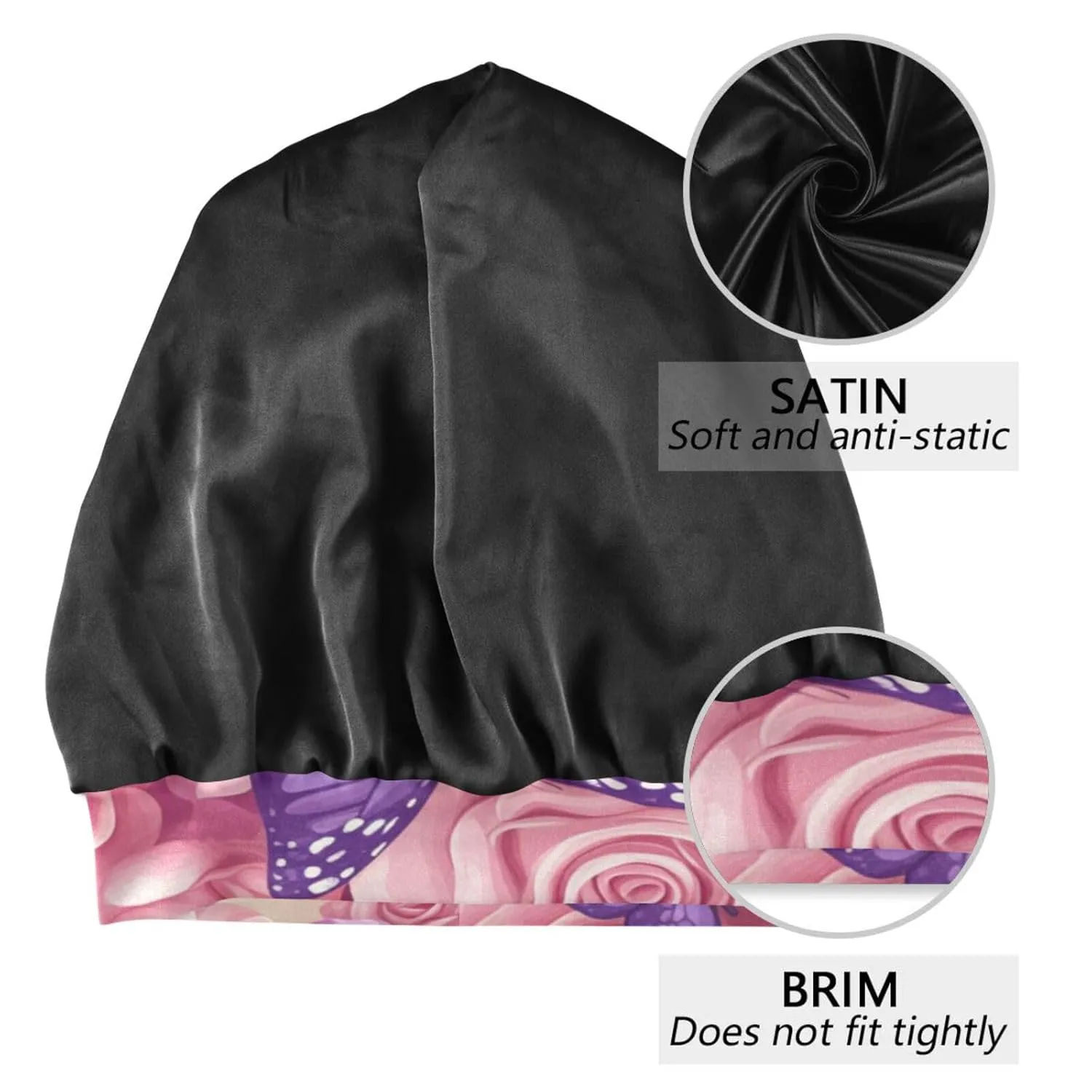 Bonnet Sleep Cap Hair Wrap Cover for Sleeping Satin Lined Head Wrap Nurse Cap Night Cap Curly Long Hair Sleep Protection Slouchy Beanie for Men Women Pink Roses and Purple Butterflies