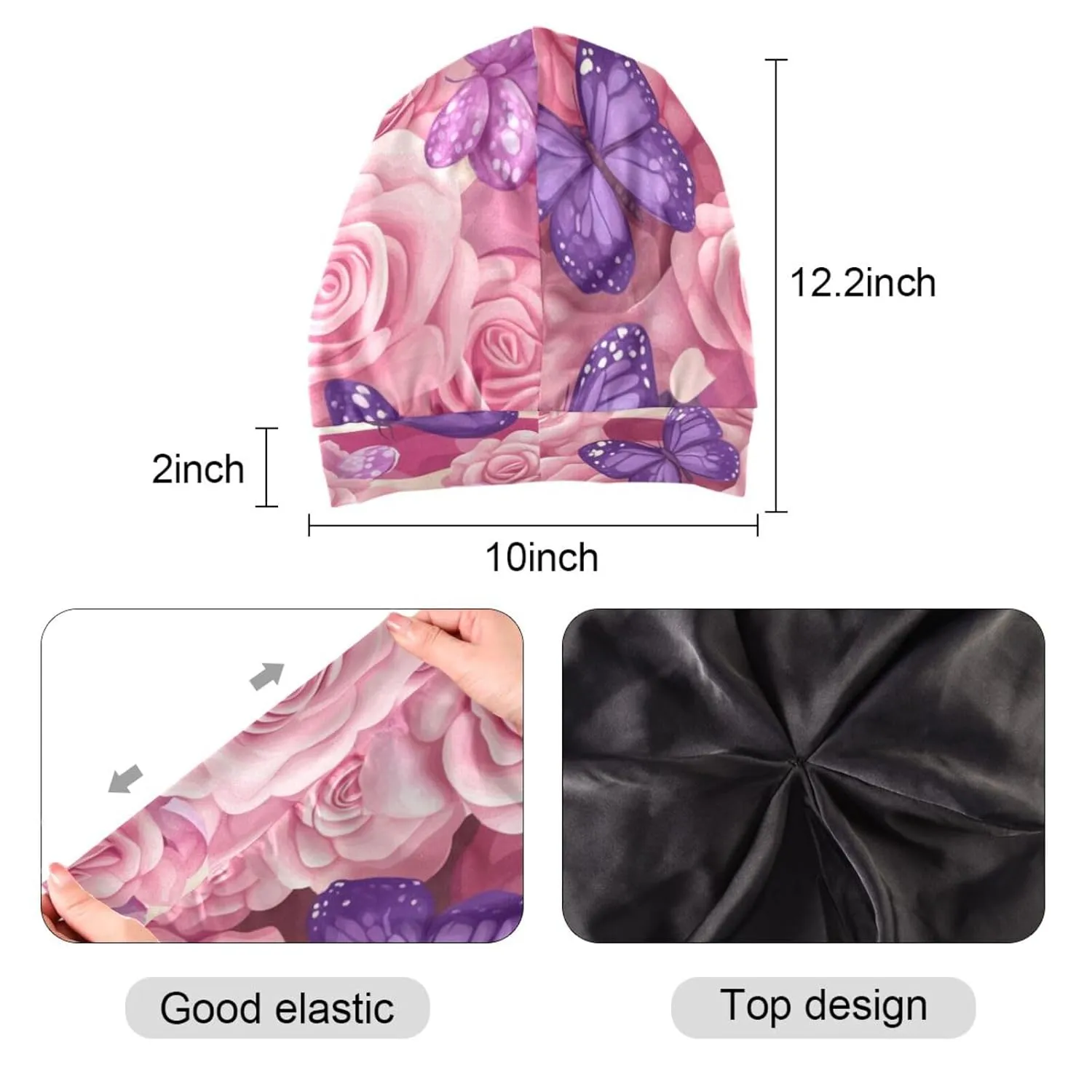 Bonnet Sleep Cap Hair Wrap Cover for Sleeping Satin Lined Head Wrap Nurse Cap Night Cap Curly Long Hair Sleep Protection Slouchy Beanie for Men Women Pink Roses and Purple Butterflies