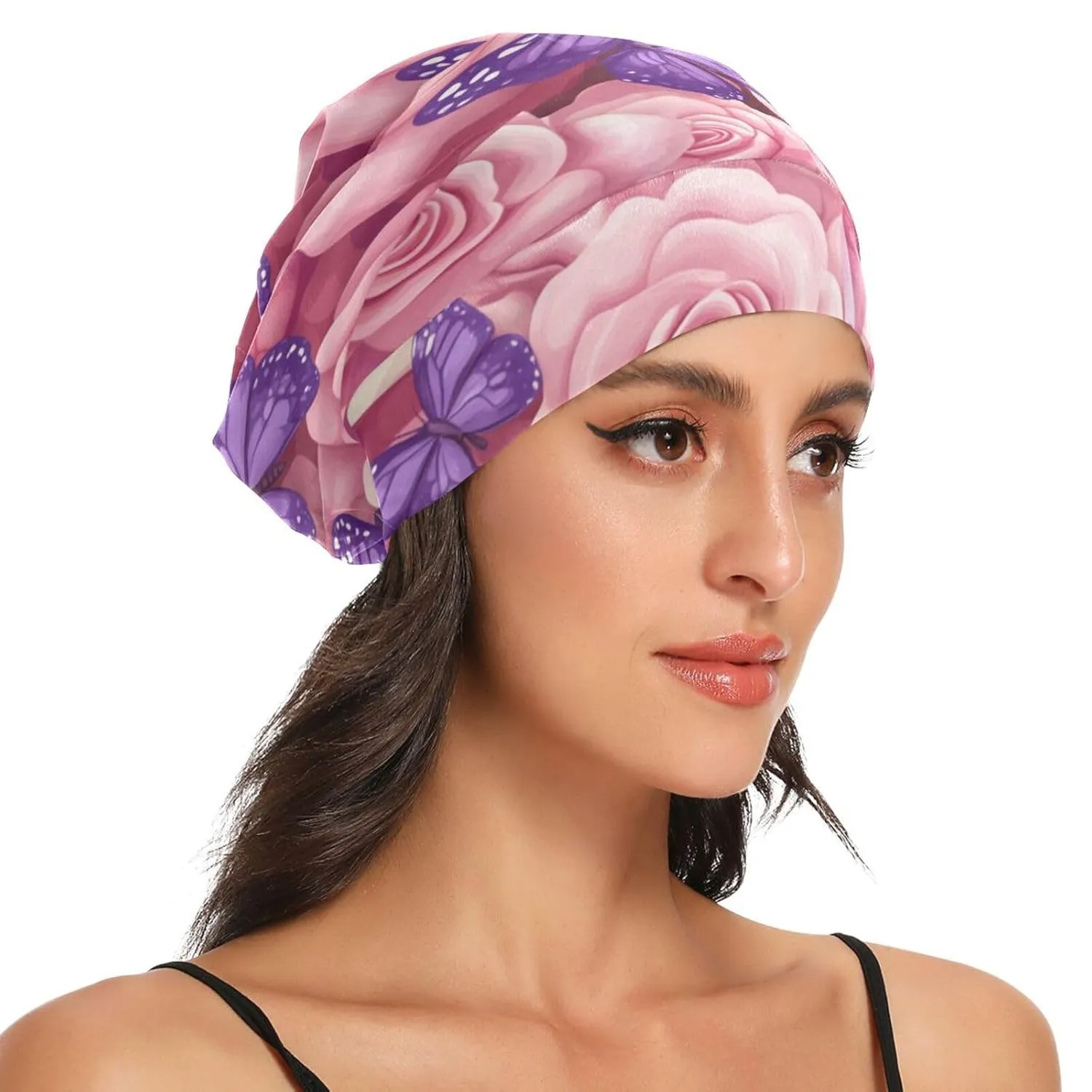 Bonnet Sleep Cap Hair Wrap Cover for Sleeping Satin Lined Head Wrap Nurse Cap Night Cap Curly Long Hair Sleep Protection Slouchy Beanie for Men Women Pink Roses and Purple Butterflies