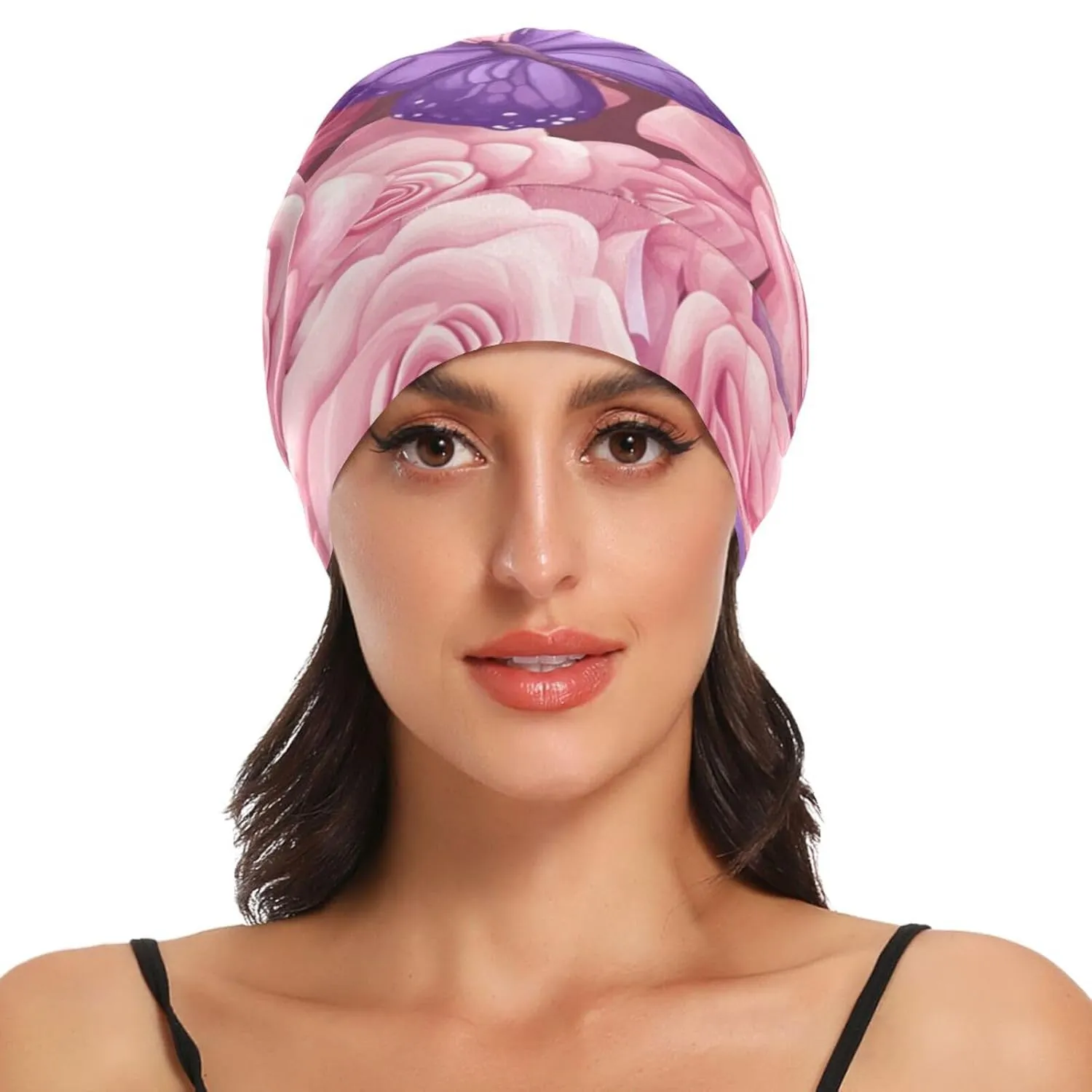 Bonnet Sleep Cap Hair Wrap Cover for Sleeping Satin Lined Head Wrap Nurse Cap Night Cap Curly Long Hair Sleep Protection Slouchy Beanie for Men Women Pink Roses and Purple Butterflies