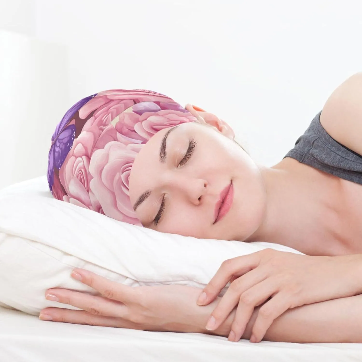 Bonnet Sleep Cap Hair Wrap Cover for Sleeping Satin Lined Head Wrap Nurse Cap Night Cap Curly Long Hair Sleep Protection Slouchy Beanie for Men Women Pink Roses and Purple Butterflies