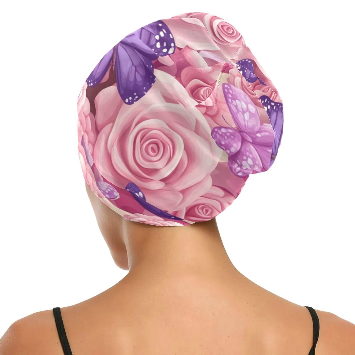 Bonnet Sleep Cap Hair Wrap Cover for Sleeping Satin Lined Head Wrap Nurse Cap Night Cap Curly Long Hair Sleep Protection Slouchy Beanie for Men Women Pink Roses and Purple Butterflies