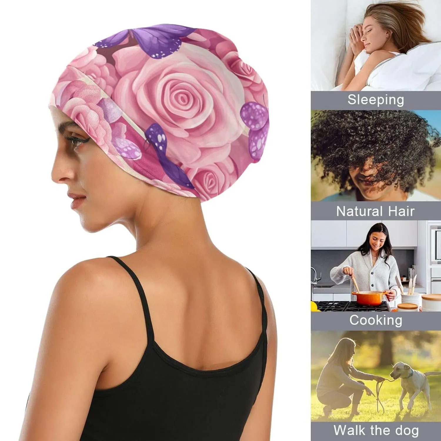 Bonnet Sleep Cap Hair Wrap Cover for Sleeping Satin Lined Head Wrap Nurse Cap Night Cap Curly Long Hair Sleep Protection Slouchy Beanie for Men Women Pink Roses and Purple Butterflies