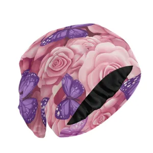 Bonnet Sleep Cap Hair Wrap Cover for Sleeping Satin Lined Head Wrap Nurse Cap Night Cap Curly Long Hair Sleep Protection Slouchy Beanie for Men Women Pink Roses and Purple Butterflies