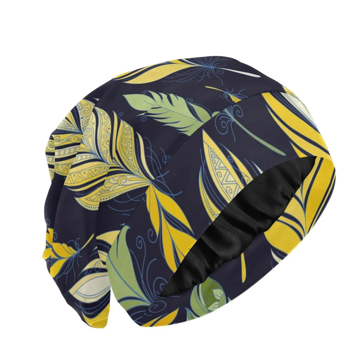 Bonnet Sleep Cap Hair Wrap Cover for Sleeping Satin Lined Head Wrap Nurse Cap Night Cap Slouchy Beanie for Men Women Feather Yellow