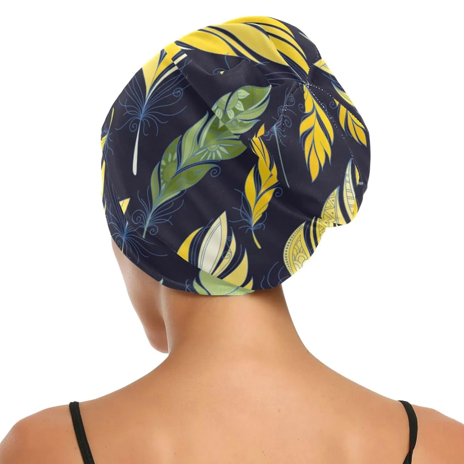Bonnet Sleep Cap Hair Wrap Cover for Sleeping Satin Lined Head Wrap Nurse Cap Night Cap Slouchy Beanie for Men Women Feather Yellow