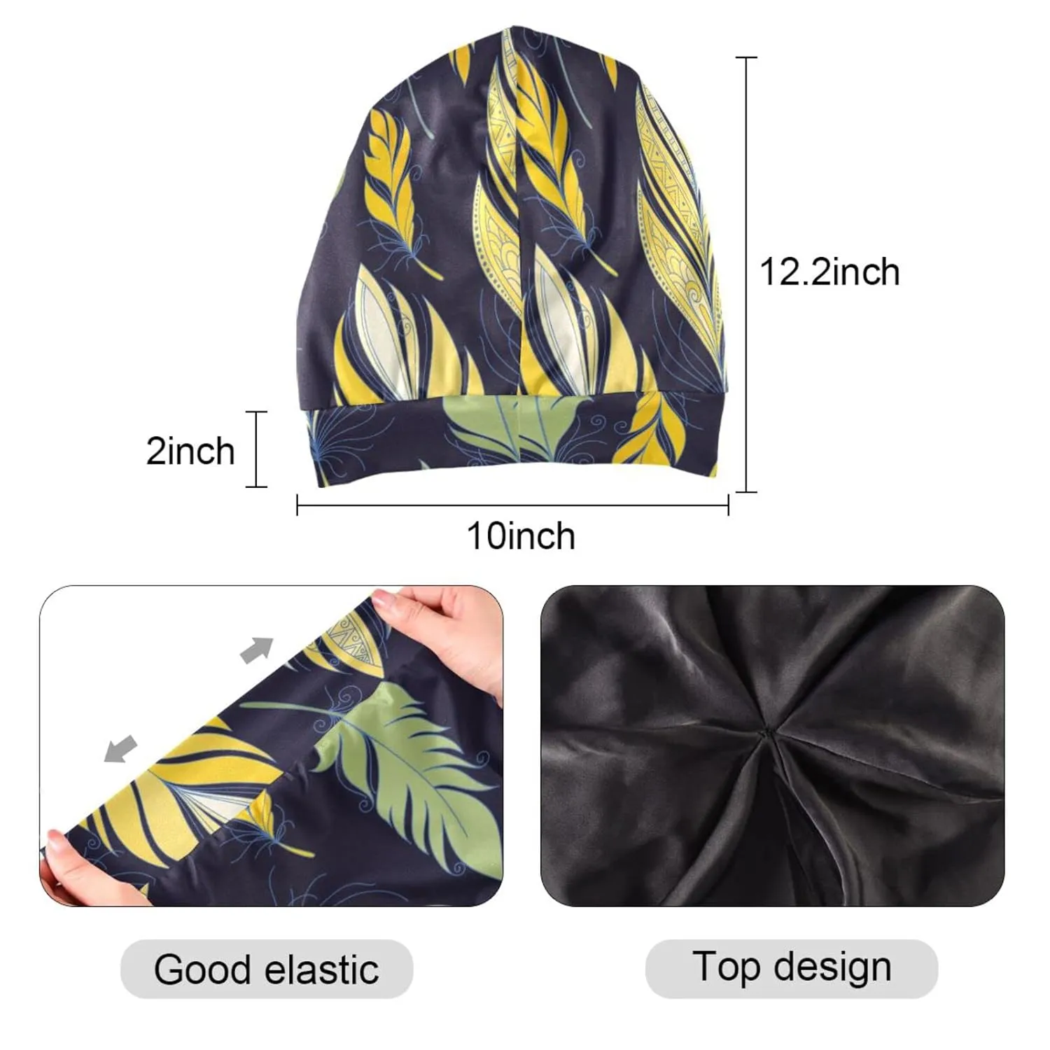 Bonnet Sleep Cap Hair Wrap Cover for Sleeping Satin Lined Head Wrap Nurse Cap Night Cap Slouchy Beanie for Men Women Feather Yellow