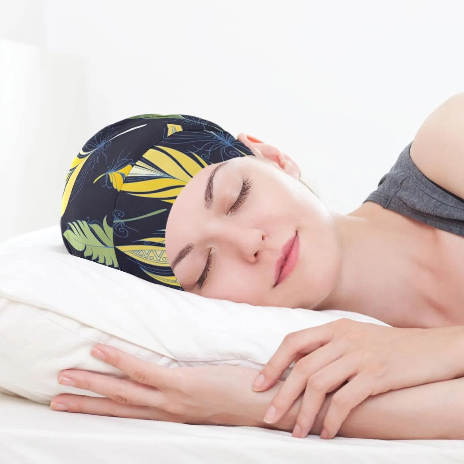 Bonnet Sleep Cap Hair Wrap Cover for Sleeping Satin Lined Head Wrap Nurse Cap Night Cap Slouchy Beanie for Men Women Feather Yellow