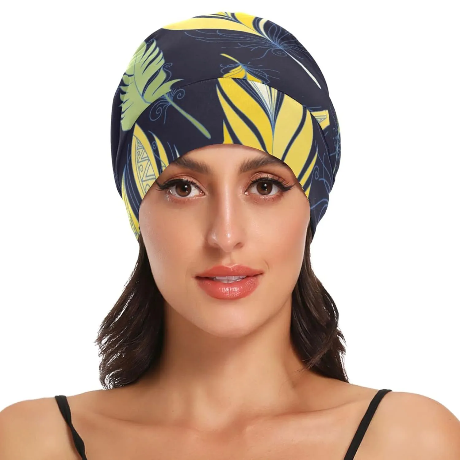 Bonnet Sleep Cap Hair Wrap Cover for Sleeping Satin Lined Head Wrap Nurse Cap Night Cap Slouchy Beanie for Men Women Feather Yellow