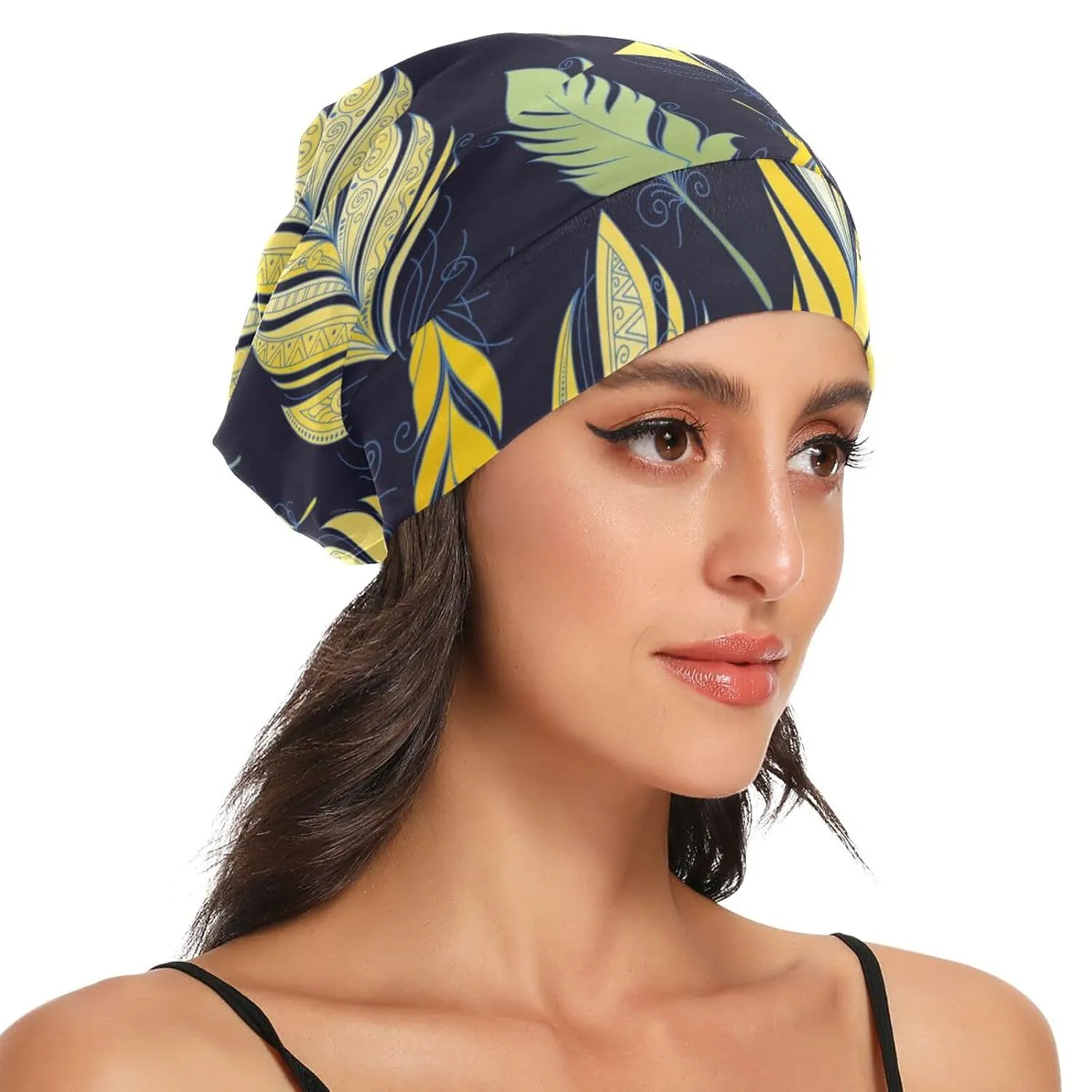 Bonnet Sleep Cap Hair Wrap Cover for Sleeping Satin Lined Head Wrap Nurse Cap Night Cap Slouchy Beanie for Men Women Feather Yellow