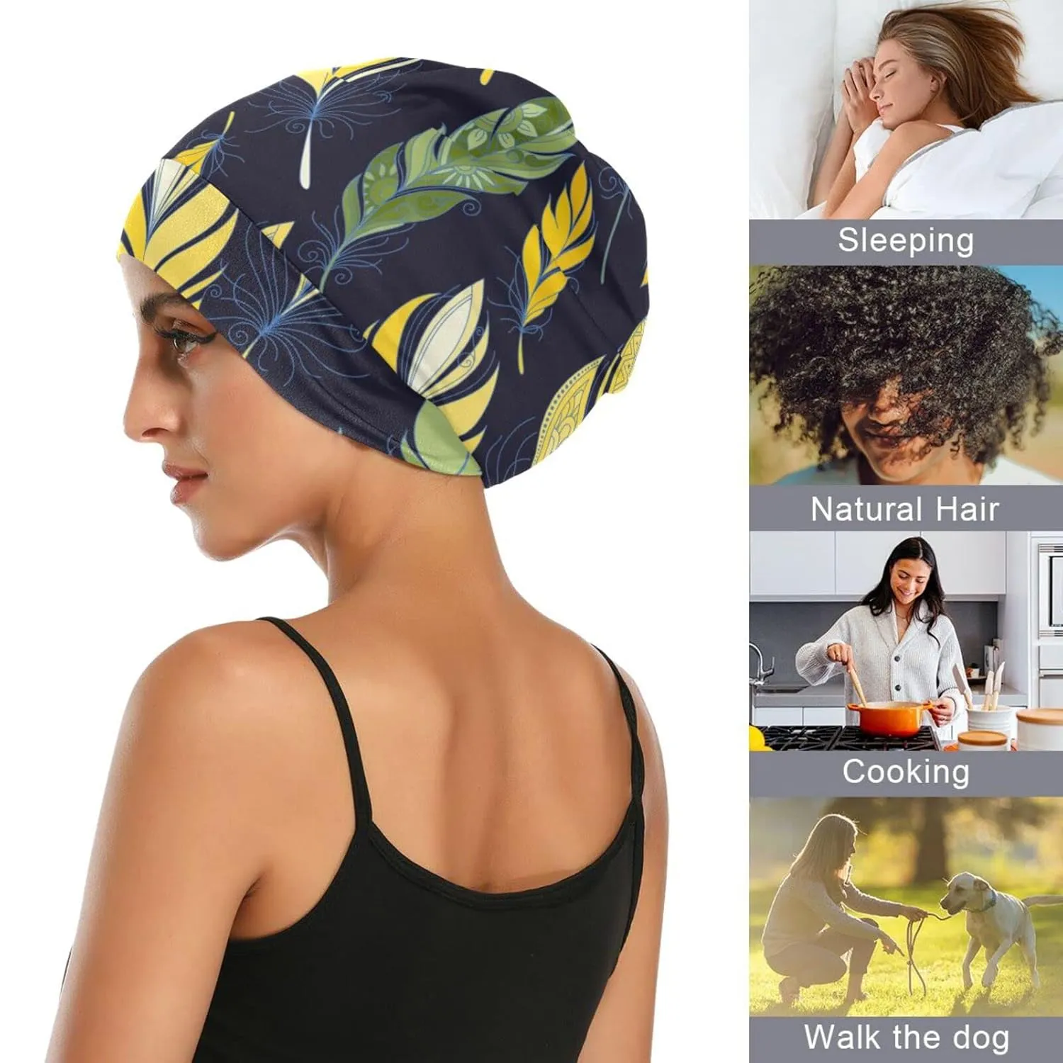 Bonnet Sleep Cap Hair Wrap Cover for Sleeping Satin Lined Head Wrap Nurse Cap Night Cap Slouchy Beanie for Men Women Feather Yellow