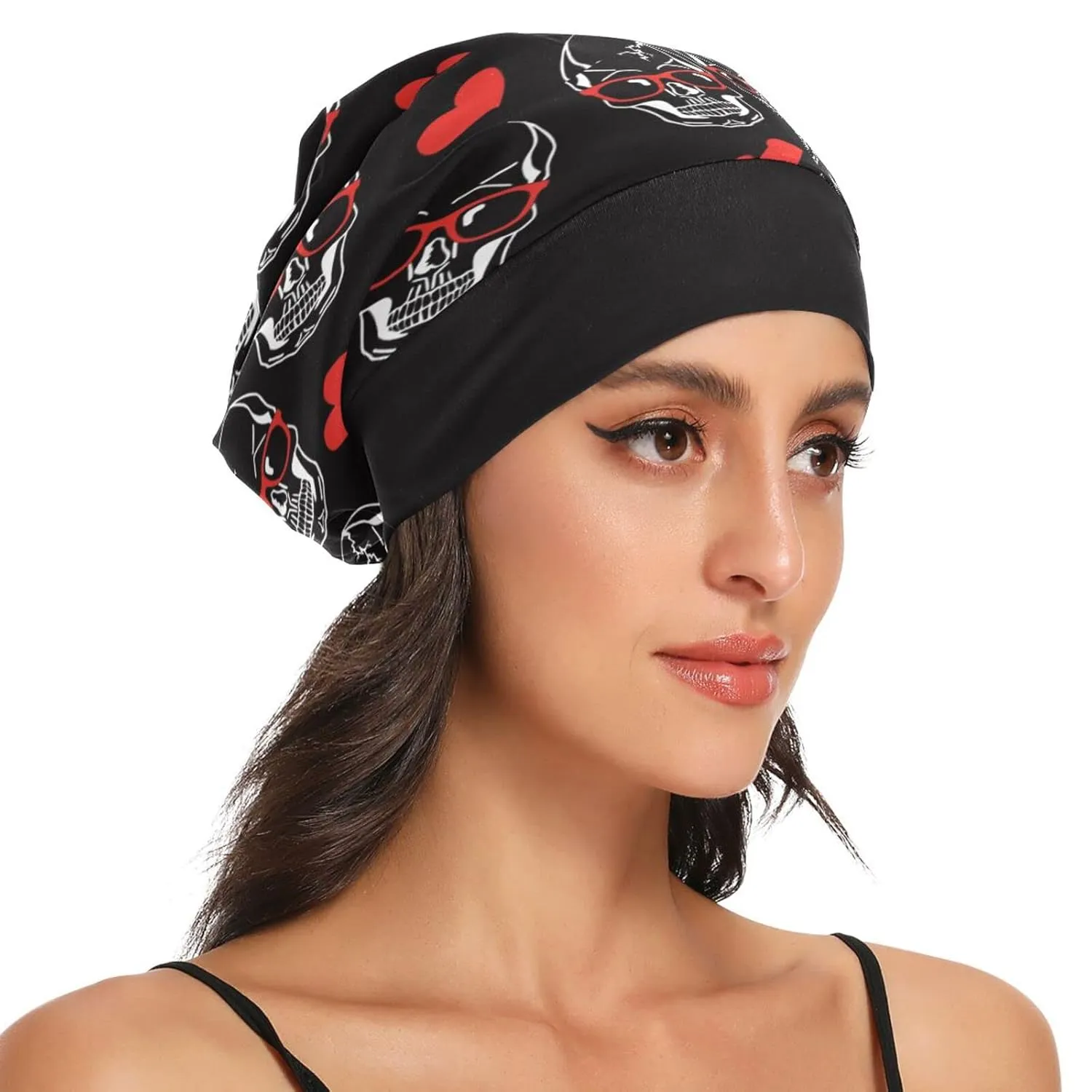 Bonnet Sleep Hair Wrap Cover for Sleeping - Satin Lined Head Wrap, Nurse Cap, Night Slouchy Beanie for Men Women - Skull Red Heart