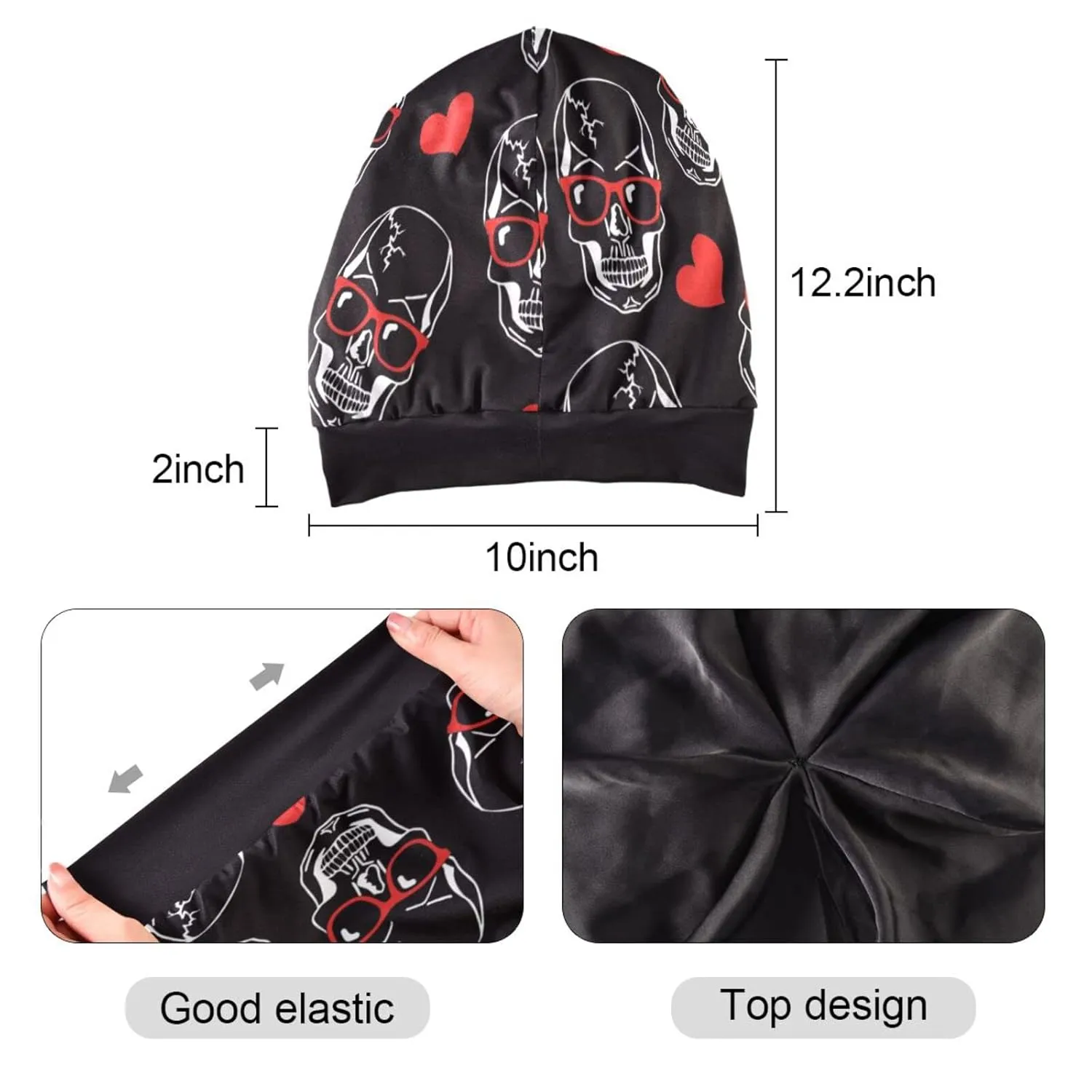 Bonnet Sleep Hair Wrap Cover for Sleeping - Satin Lined Head Wrap, Nurse Cap, Night Slouchy Beanie for Men Women - Skull Red Heart