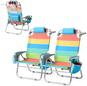 Bonnlo 2 Pack Backpack Beach Chair with 5-Position, Cup Holders, Cooler Bag, Towel Bar, Lightweight Folding Beach Camping Chairs for Adults Blue/Green/Rainbow Bag Chairs Reclining