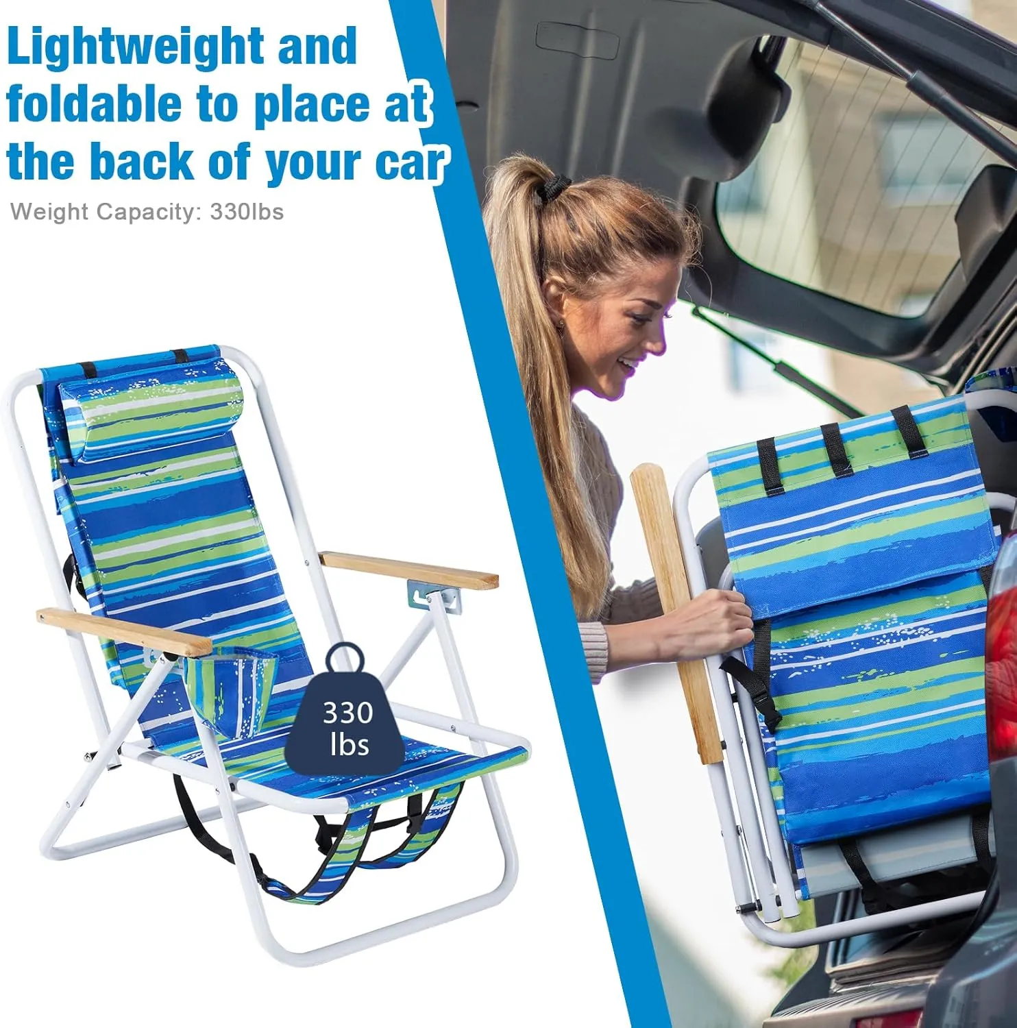 Bonnlo Backpack Carry Chair Set of 2 w/Cup Holder, Portable Foldable 4-Position Reclining, Heavy-Duty Camping Chair Supports 265 lbs (120 kg) for Beach Lawn Concert Fishing（​Ocean Wave Teal Stripes）