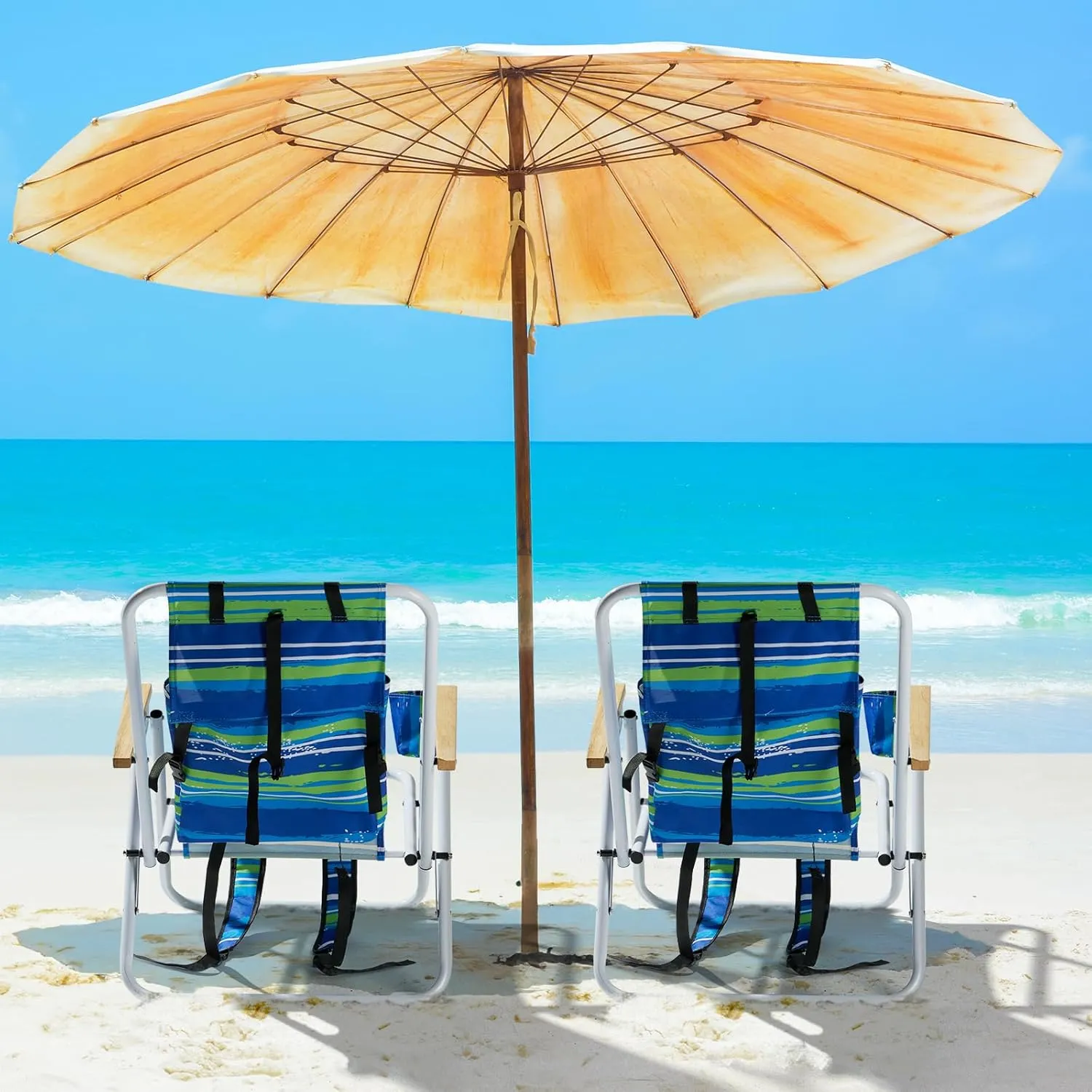 Bonnlo Backpack Carry Chair Set of 2 w/Cup Holder, Portable Foldable 4-Position Reclining, Heavy-Duty Camping Chair Supports 265 lbs (120 kg) for Beach Lawn Concert Fishing（​Ocean Wave Teal Stripes）