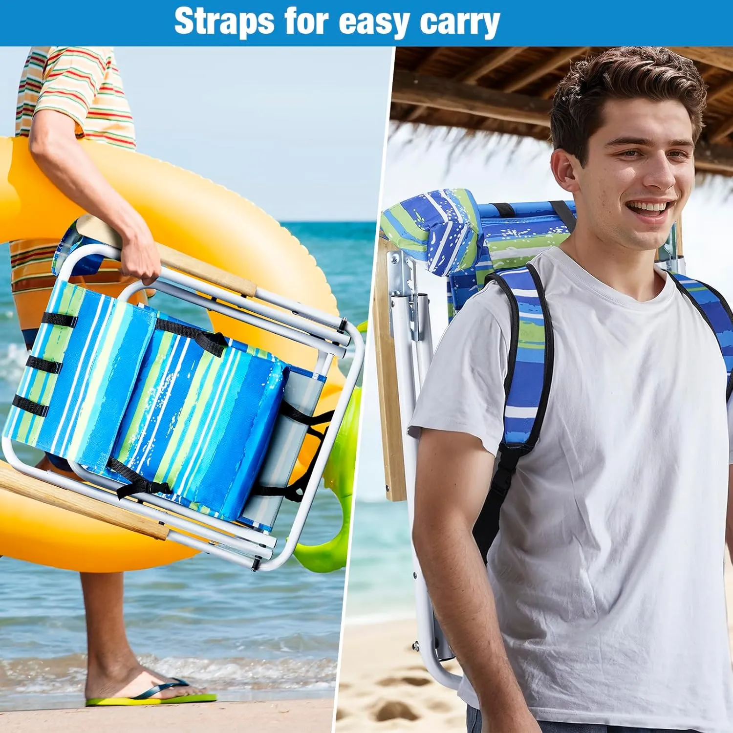 Bonnlo Backpack Carry Chair Set of 2 w/Cup Holder, Portable Foldable 4-Position Reclining, Heavy-Duty Camping Chair Supports 265 lbs (120 kg) for Beach Lawn Concert Fishing（​Ocean Wave Teal Stripes）