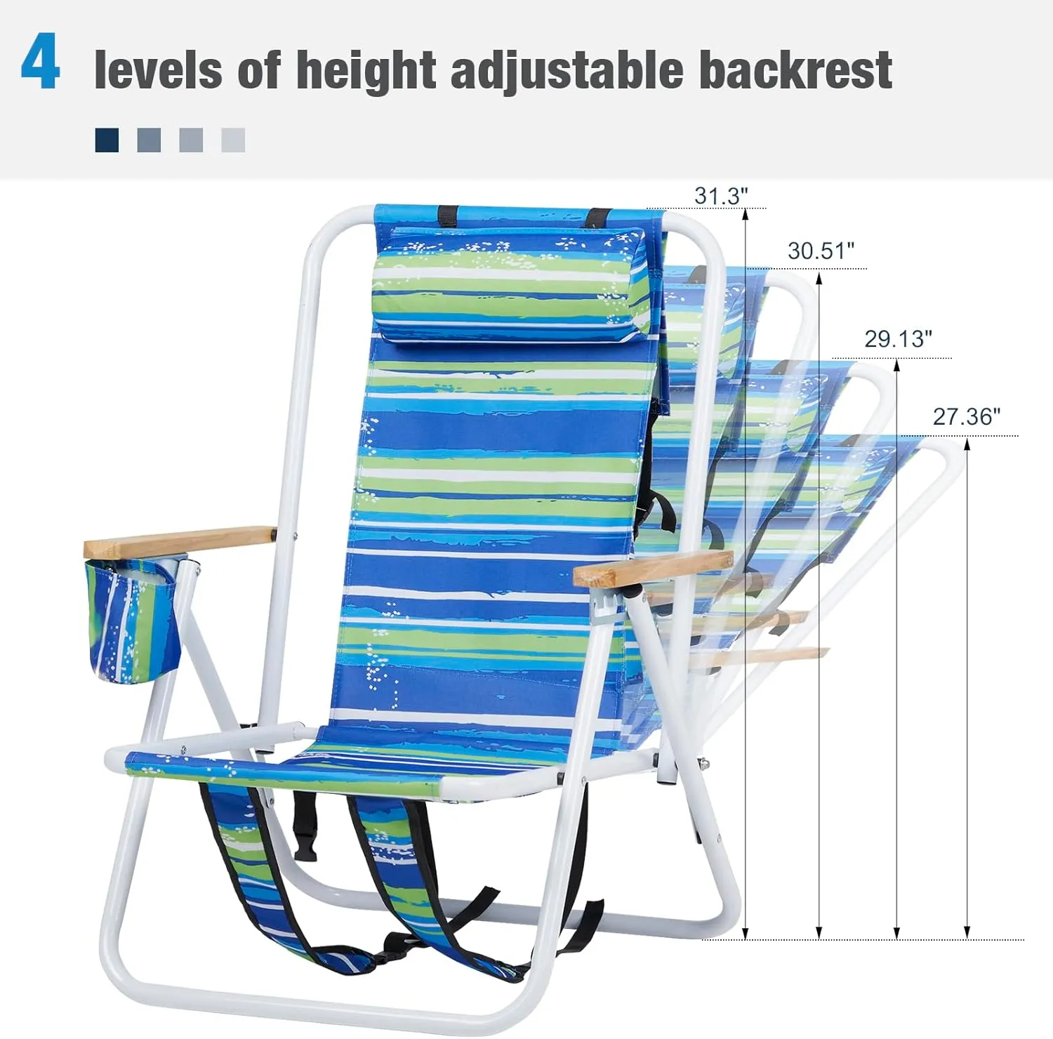 Bonnlo Backpack Carry Chair Set of 2 w/Cup Holder, Portable Foldable 4-Position Reclining, Heavy-Duty Camping Chair Supports 265 lbs (120 kg) for Beach Lawn Concert Fishing（​Ocean Wave Teal Stripes）