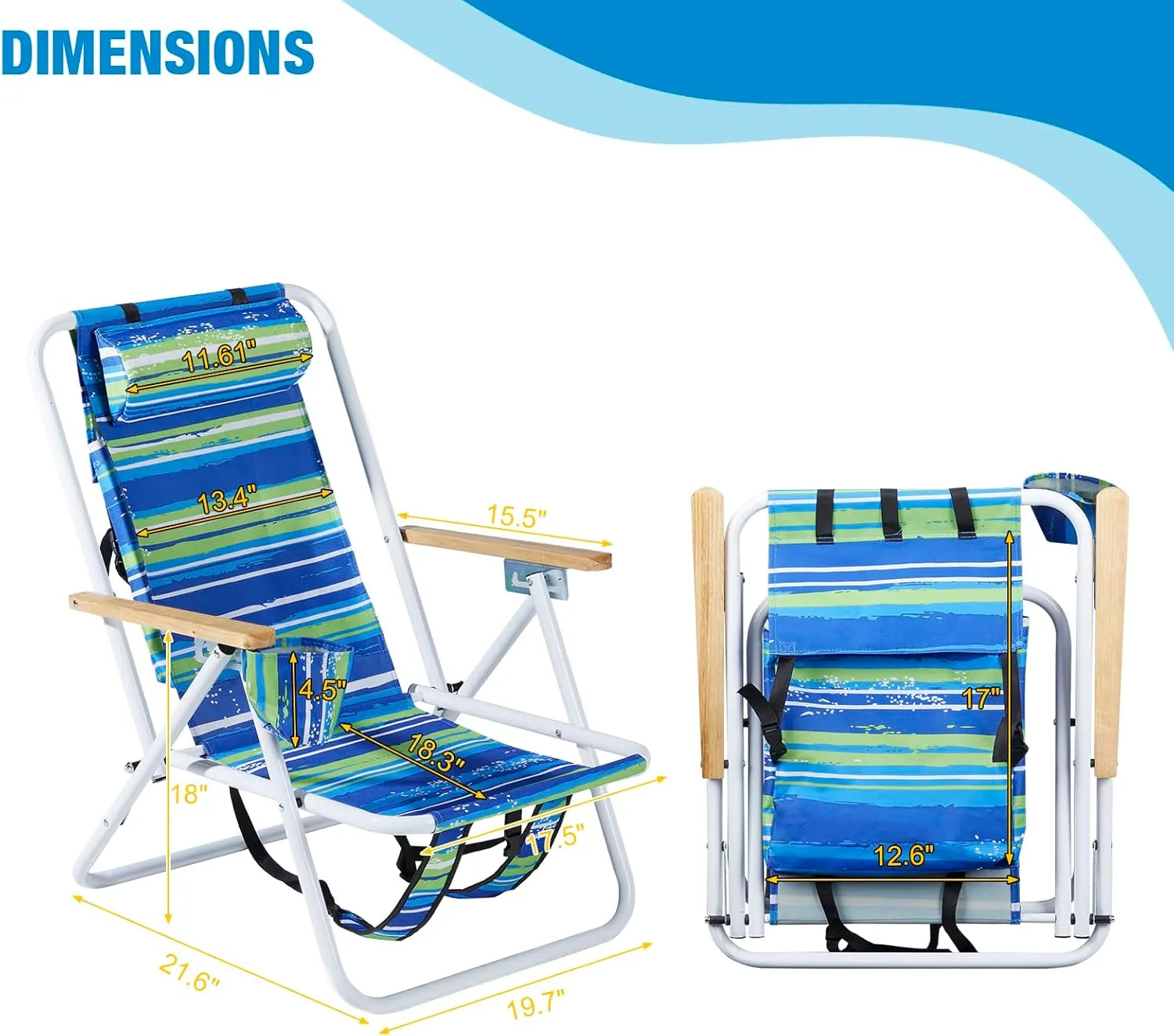 Bonnlo Backpack Carry Chair Set of 2 w/Cup Holder, Portable Foldable 4-Position Reclining, Heavy-Duty Camping Chair Supports 265 lbs (120 kg) for Beach Lawn Concert Fishing（​Ocean Wave Teal Stripes）