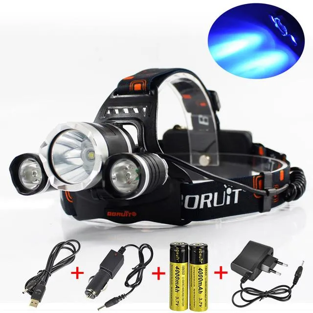 BORUiT RJ-3000 Blue LED T6 Headlamp Flashlight 3 Modes Camping Hunting Headlights Rechargeable Head Torch Light by 18650 Battery