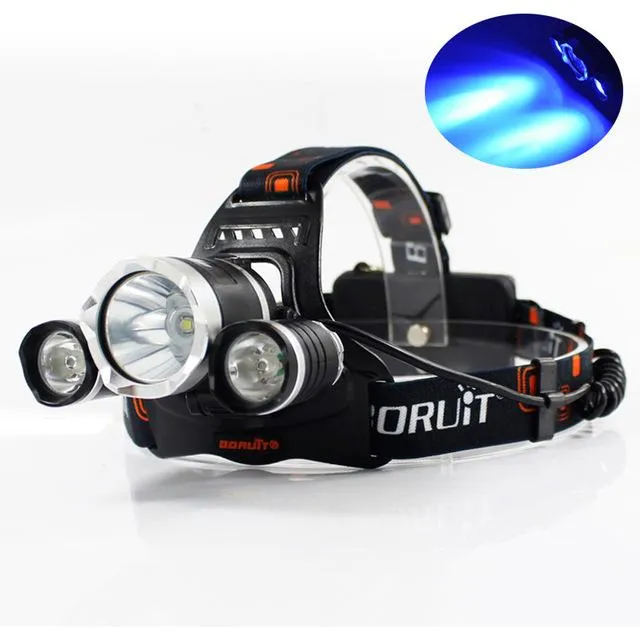 BORUiT RJ-3000 Blue LED T6 Headlamp Flashlight 3 Modes Camping Hunting Headlights Rechargeable Head Torch Light by 18650 Battery