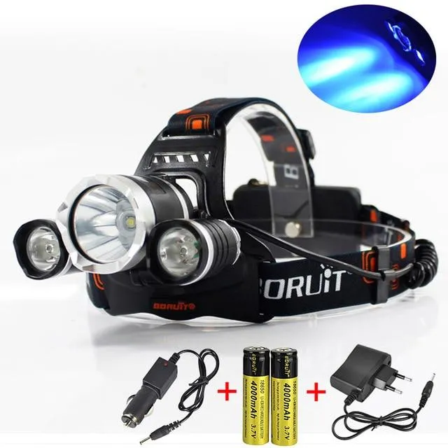 BORUiT RJ-3000 Blue LED T6 Headlamp Flashlight 3 Modes Camping Hunting Headlights Rechargeable Head Torch Light by 18650 Battery