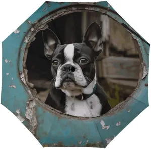 Boston Terrier Travel Umbrella Windproof Compact Umbrellas for Rain Sun UV Protection Manual & Automatic Umbrellas Waterproof Small Folding Umbrella with Case for Backpack()