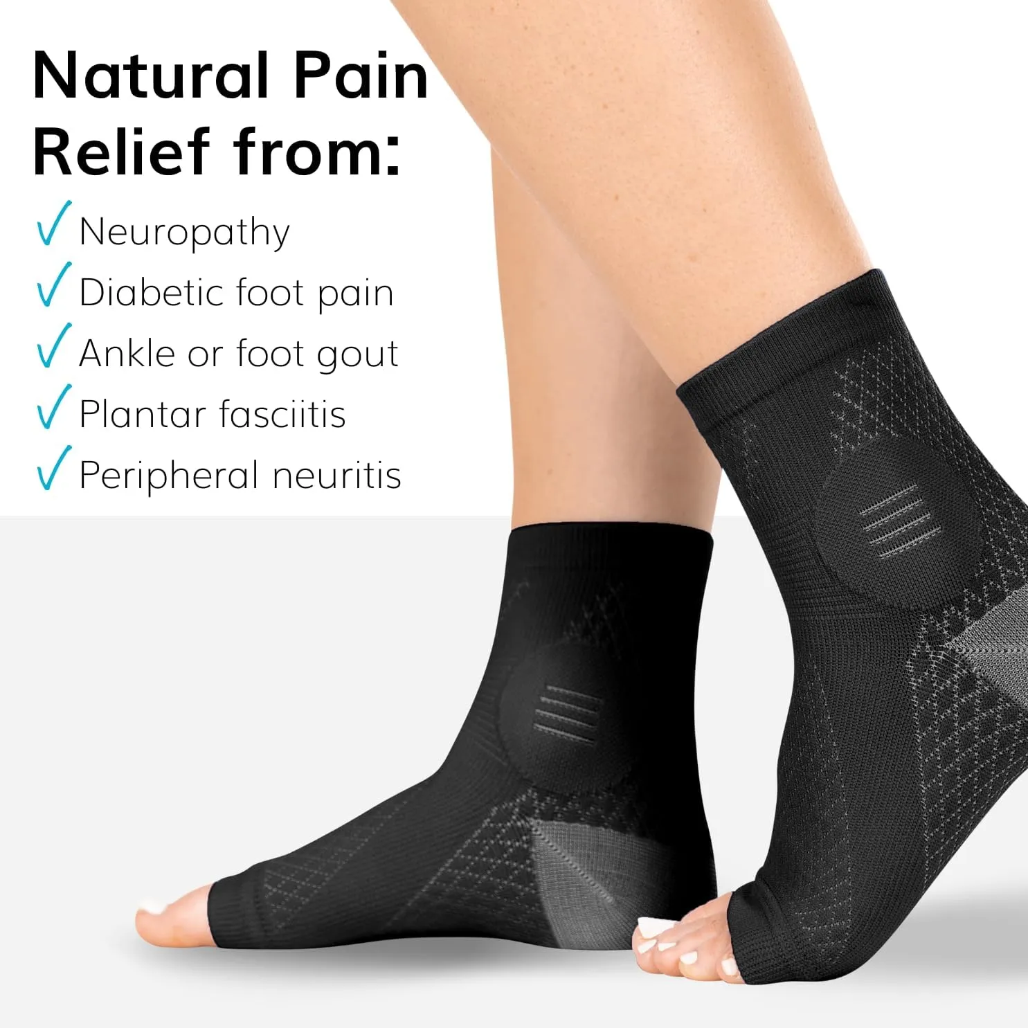 BraceAbility Neuropathy Socks (3 Pairs) - Multipack Peripheral Compression Diabetic Toeless Foot Sleeves for Nerve Damage in Feet, Ankle Gout, Plantar Fasciitis Relief for Men and Women (M - Black)