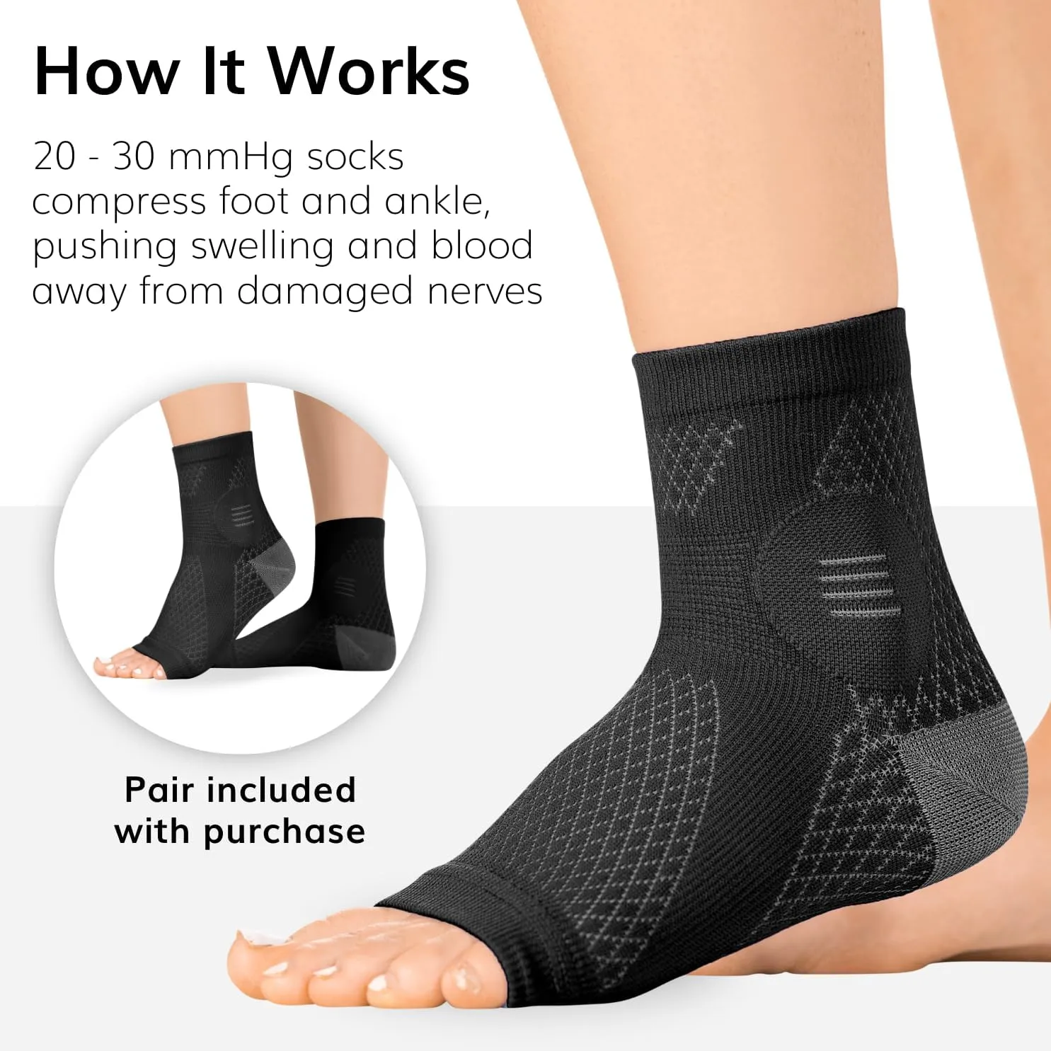BraceAbility Neuropathy Socks (3 Pairs) - Multipack Peripheral Compression Diabetic Toeless Foot Sleeves for Nerve Damage in Feet, Ankle Gout, Plantar Fasciitis Relief for Men and Women (M - Black)