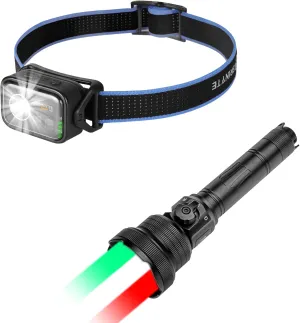 Brinyte T28 Red Green White Zoomable Hunting Light Bundle HC01 Headlamp with White and Red Light