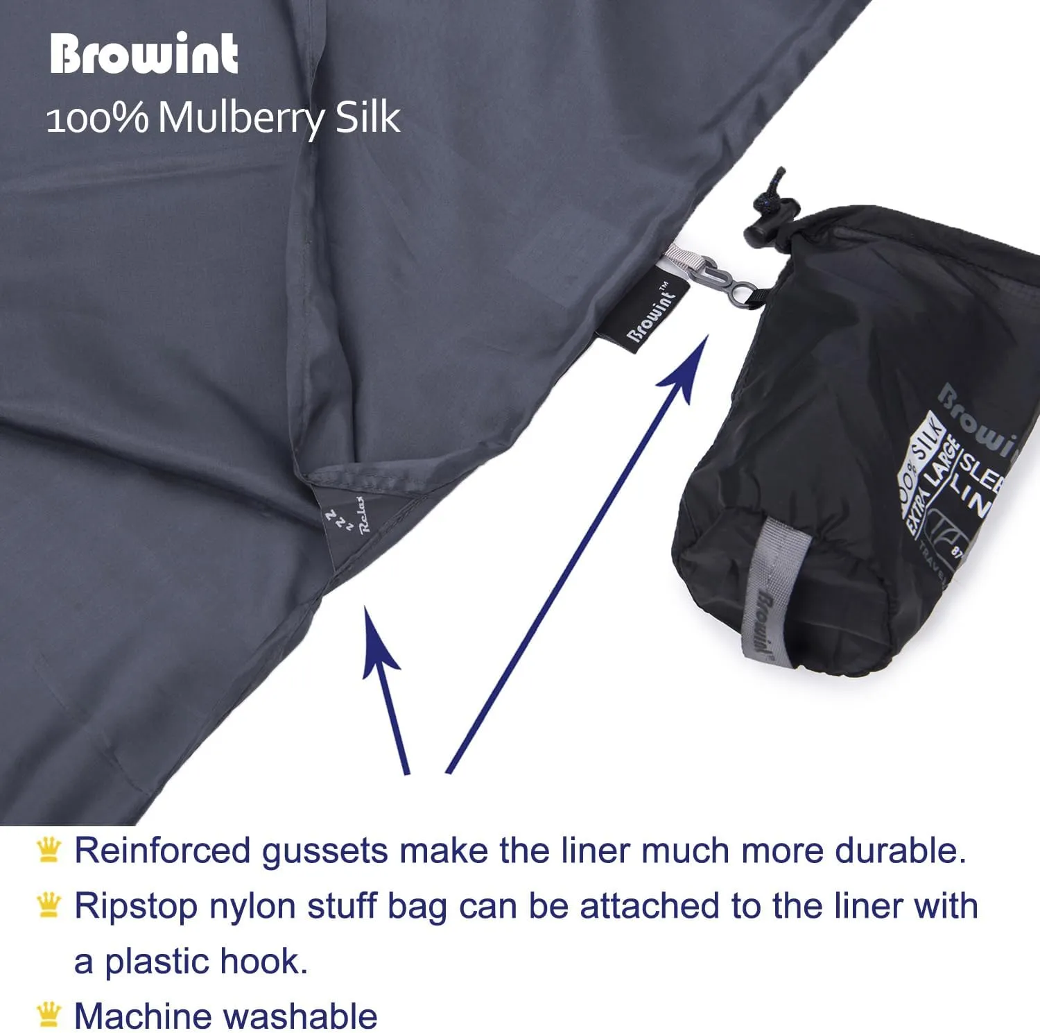 Browint Silk Sleeping Bag Liner, Silk Sleep Sack, Extra Wide 87"x43", Lightweight Travel Sheet for Hotels, More Colors for Option, Reinforced Gussets