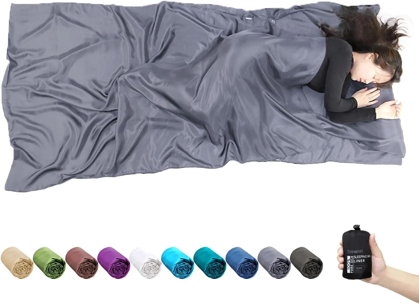 Browint Silk Sleeping Bag Liner, Silk Sleep Sack, Extra Wide 87"x43", Lightweight Travel Sheet for Hotels, More Colors for Option, Reinforced Gussets