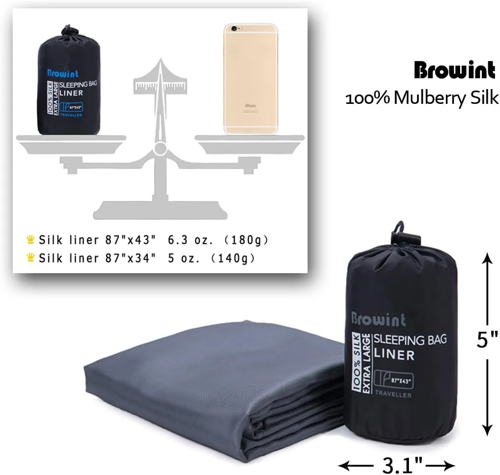 Browint Silk Sleeping Bag Liner, Silk Sleep Sack, Extra Wide 87"x43", Lightweight Travel Sheet for Hotels, More Colors for Option, Reinforced Gussets