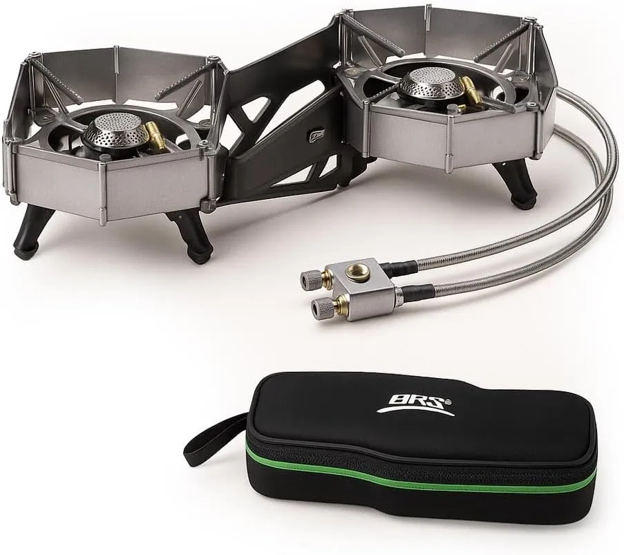 BRS-32 Portable Foldable Camping Stove, Double Head Burner Folding Camp Stove, Windproof Backpacking Furnace Fire Adjustable Control Gas Stove with Electronic Igniter