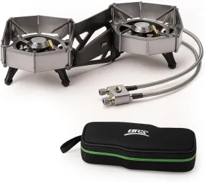 BRS-32 Portable Foldable Camping Stove, Double Head Burner Folding Camp Stove, Windproof Backpacking Furnace Fire Adjustable Control Gas Stove with Electronic Igniter
